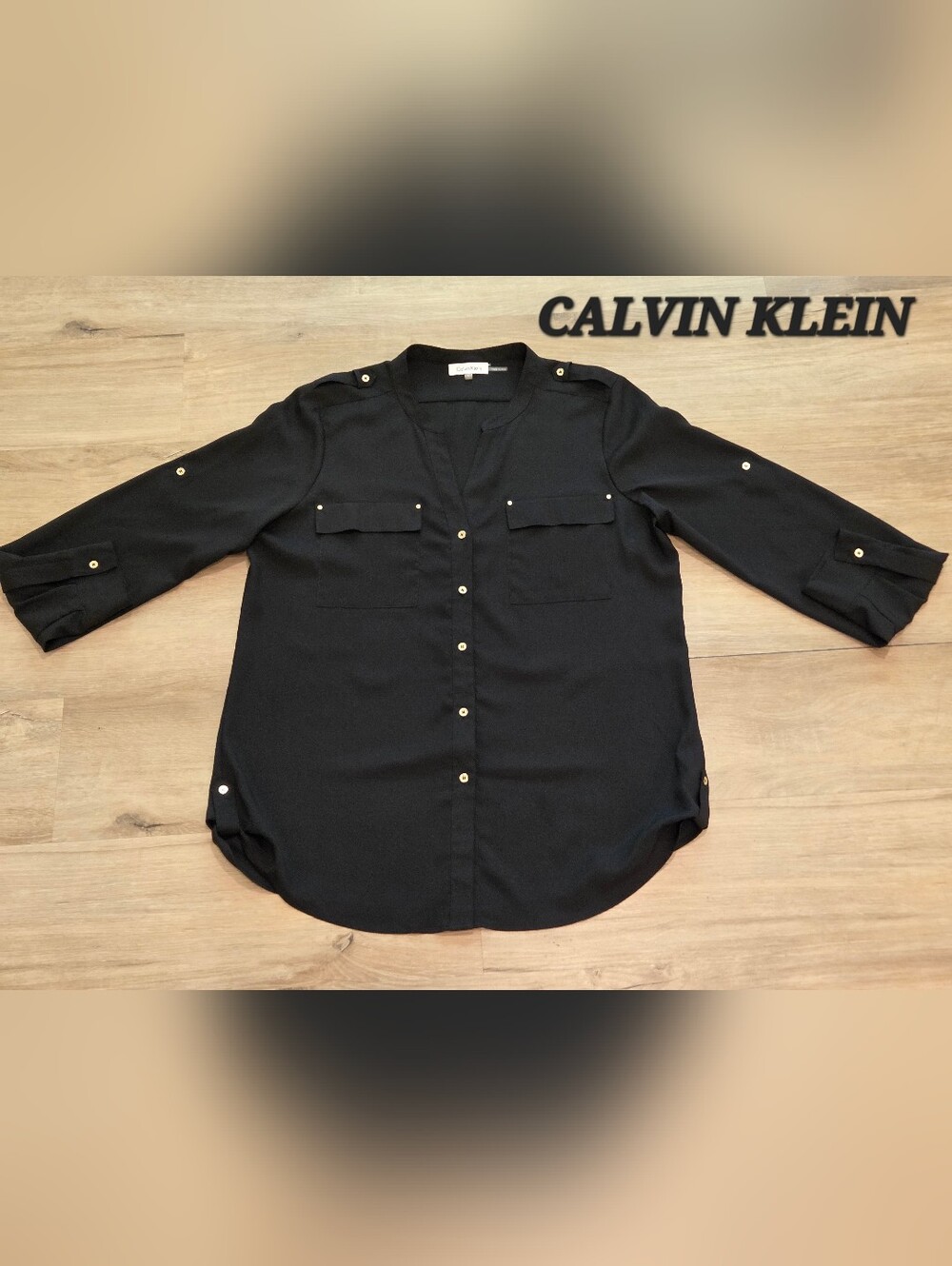Calvin Klein Womens Blouse Large Black Gold Hardware Front Pockets